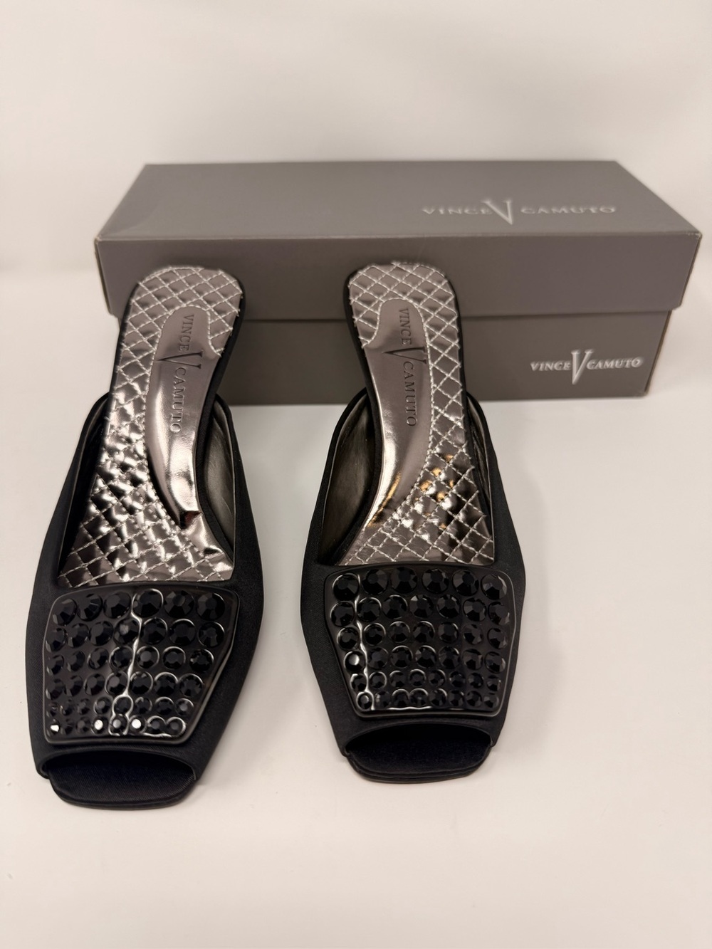 Vince Camuto Black Jeweled Open-Toe Slide Mules